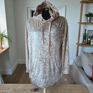 Crushed Velvet Velour Tan Shimmer Kangaroo Pocket Hoodie Size M